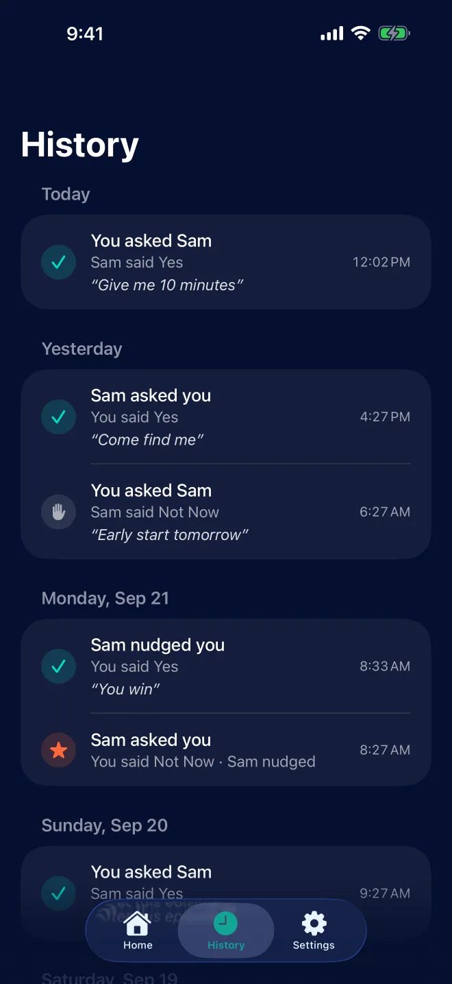 History: each request and answer by day, with notes and a nudge