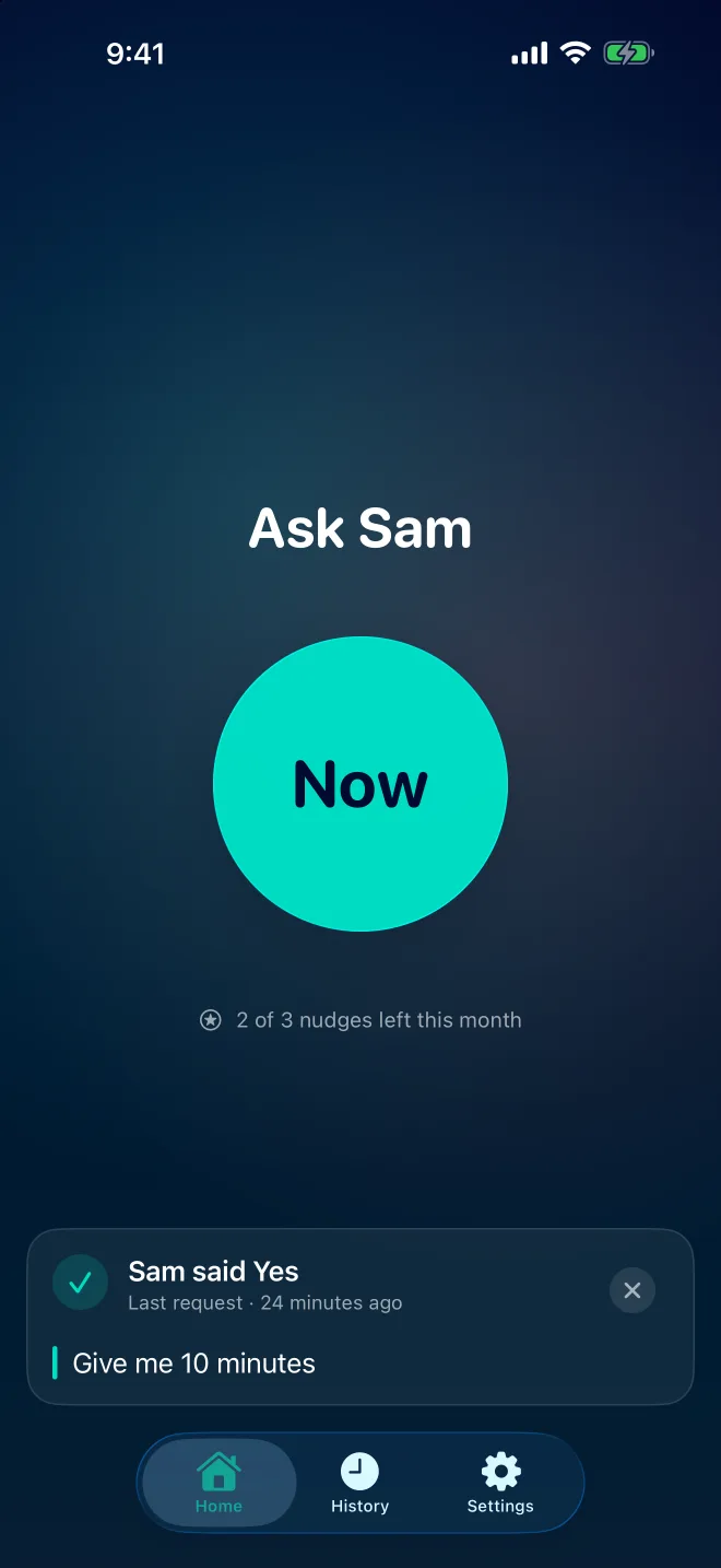 Activity’s Home screen: Sam’s name, a big Now button, and Sam’s last answer, Yes, with a note