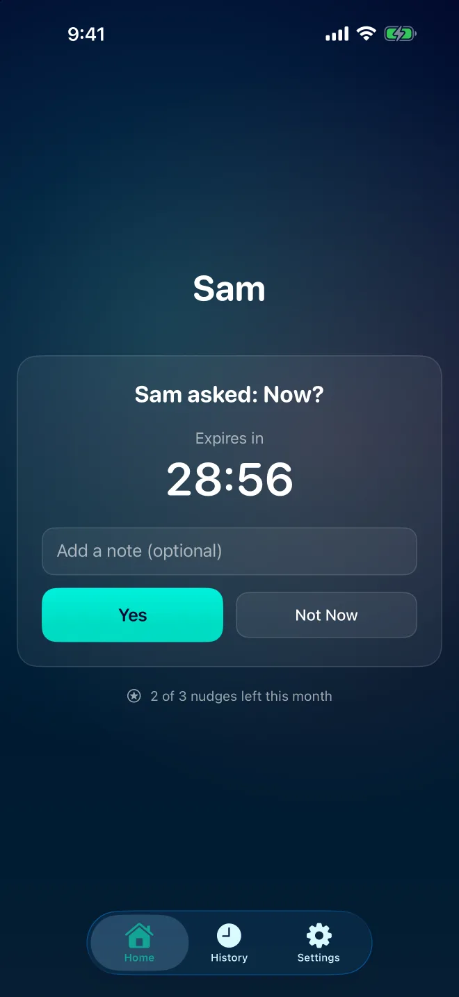 A request from Sam: Now? with Yes and Not Now buttons, a note field, and a countdown