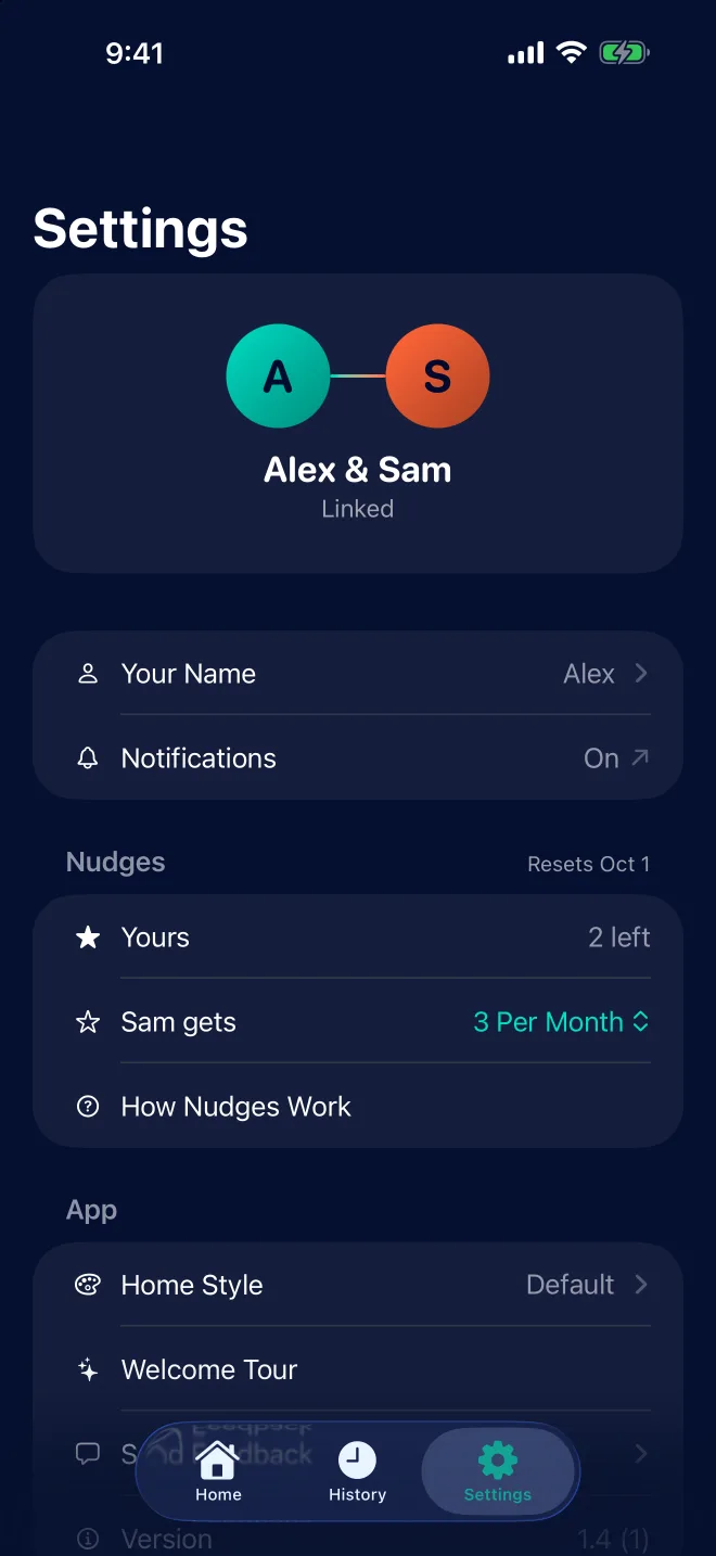 Settings: the two of you, your name, notifications, nudges for each partner, Home Style and the Welcome Tour